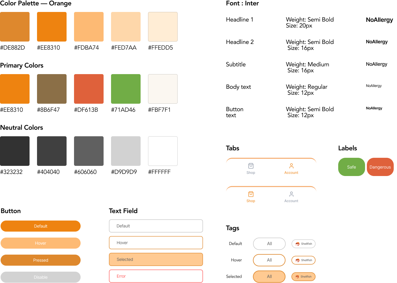 NoAllergy design system: colors and type
