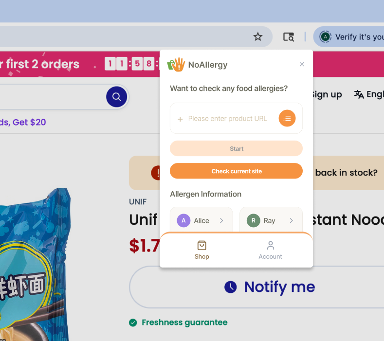 NoAllergy final design, Google search with allergen popup