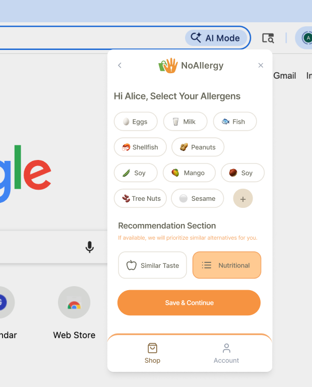 NoAllergy final design, shopping site with allergen popup