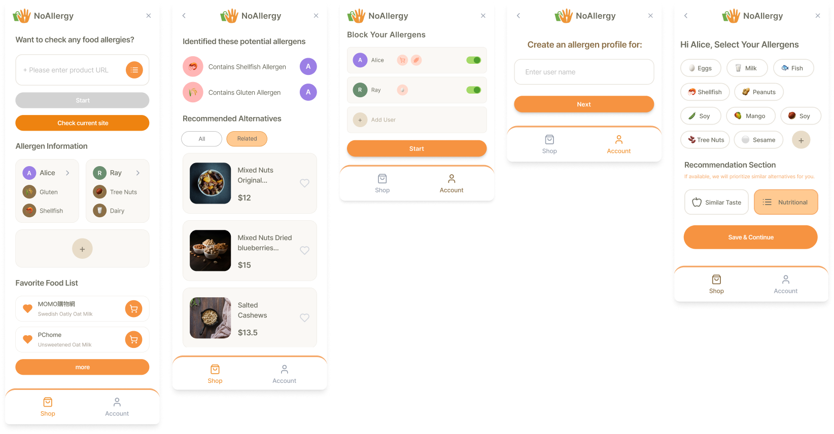 NoAllergy final design, full flow screens