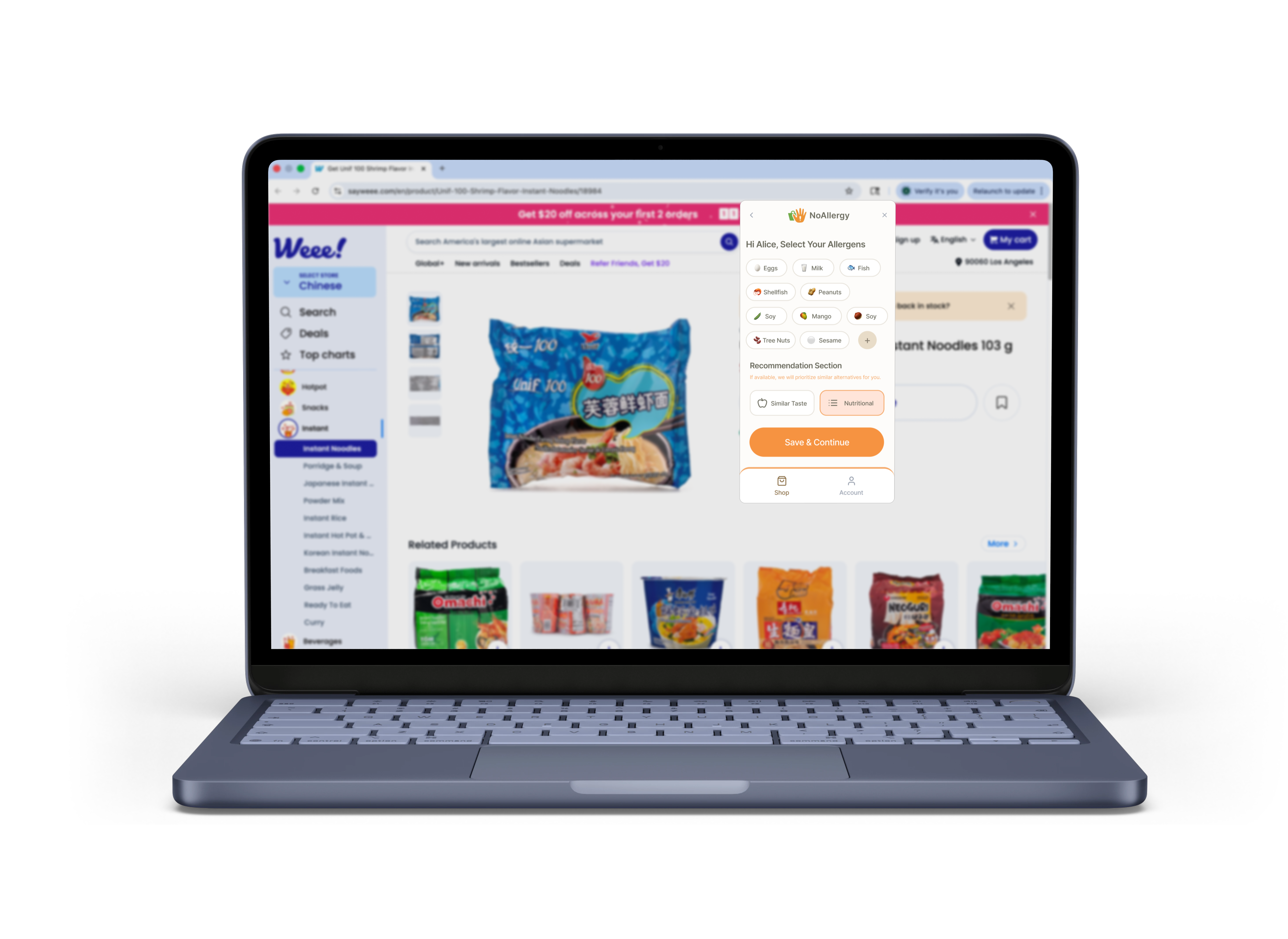 NoAllergy extension shown on a shopping website
